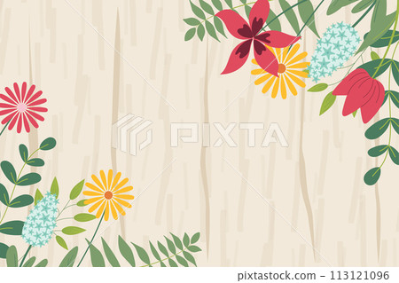 Hand sketched background, vector illustration. Borders with leaves and flowers on corners for greeting card, invitation template on wooden background. Retro, vintage banner, poster, background. 113121096