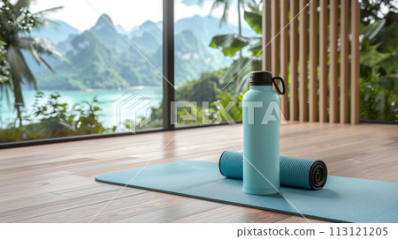 Water bottle and exercise mat in wellness studio or gym floor for yoga, fitness and workout. Healthy lifestyle, diet and water balance. Layout for advertising and branding. 113121205