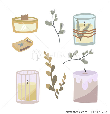 Flat design set with candles and branches 113121284
