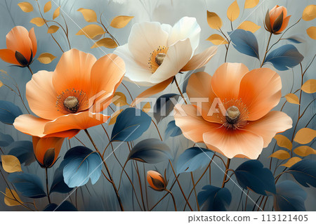 The art of tranquility in a bloom, peach flowers draped in dawns peaceful light, greeting card 113121405