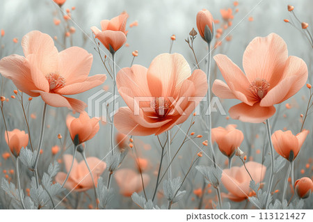 The art of tranquility in a bloom, peach flowers draped in dawns peaceful light, greeting card 113121427