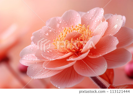 The art of tranquility in a bloom, peach flowers draped in dawns peaceful light, greeting card 113121444