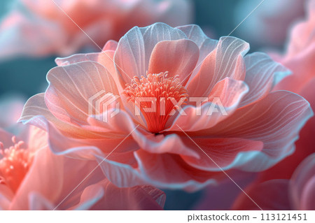 The art of tranquility in a bloom, peach flowers draped in dawns peaceful light, greeting card 113121451