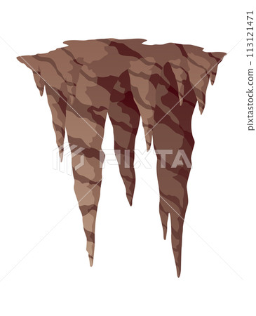 Stalactite. Icicle shaped hanging mineral formations in cave. Nature brown limestone, material stone icon. Natural growth geology formations 113121471