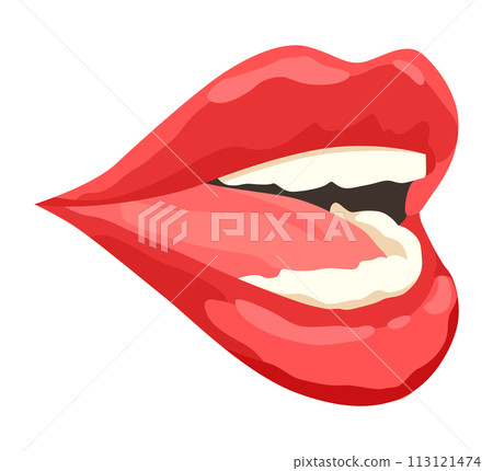 Red lip female. Woman expressed emotion, beauty concept. Modern flat vector design illustration 113121474
