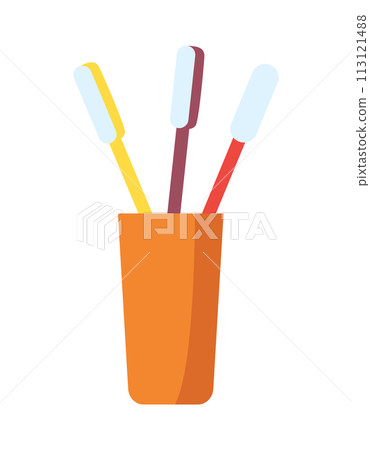 Cartoon bathroom equipment. Toothbrush in a glass. Dental oral care. Bath time in flat style vector illustration. Mockup for web design isolated on white background Cartoon bathroom equipment. Toothbrush in a glass. Dental oral care. Bath time in flat style vector illustration. Mockup for web design isolated on white background 113121488