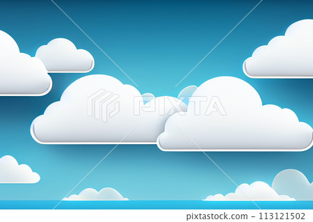Realistic white cloud background design, empty blue sky illustration template. Clouds in the sky on a blue background. Blue sky background with white clouds. 113121502