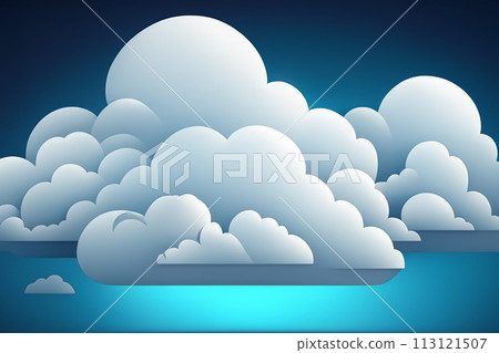 Realistic white cloud background design, empty blue sky illustration template. Clouds in the sky on a blue background. Blue sky background with white clouds. 113121507