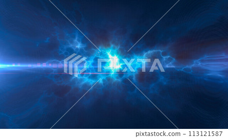 Blue energy glowing magic waves and electric lightning charges high-tech digital iridescent liquid plasma with light rays lines and energy particles. Abstract background Blue energy glowing magic waves and electric lightning charges high-tech digital iridescent liquid plasma with light rays lines and energy particles. Abstract background 113121587