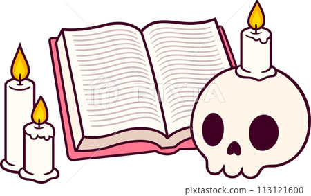 Cute cartoon book, candles and human skull 113121600