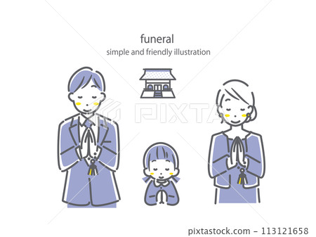 葬禮-家人閉上眼睛，攜手同行-簡單時尚的線條畫插圖 113121658