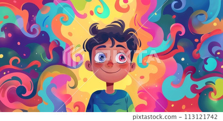 Cartoon kid with ADHD syndome on colorful background 113121742