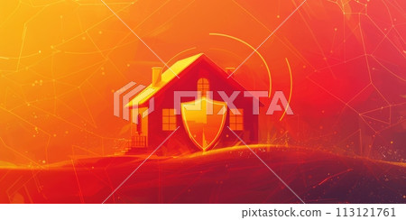 Protect the house concept, protection shield in front of the house isolated on orange and red background 113121761