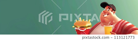 Fatty man on the right side enjoying fast food isolated on green pastel background, obesity concept Fatty man on the right side enjoying fast food isolated on green pastel background, obesity concept 113121773