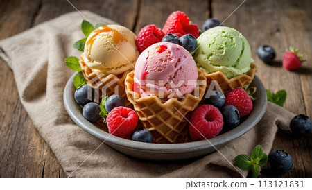 A vibrant assortment of creamy, pastel-colored ice cream flavors, each nestled in a crispy waffle cone and topped with a medley of fresh berries and fruits. A vibrant assortment of creamy, pastel-colored ice cream flavors, each nestled in a crispy waffle cone and topped with a medley of fresh berries and fruits. 113121831