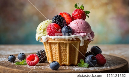 A vibrant assortment of creamy, pastel-colored ice cream flavors, each nestled in a crispy waffle cone and topped with a medley of fresh berries and fruits. 113121862