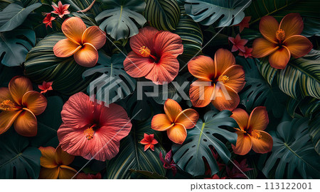 Tropical exotic aloha pattern with tropical leaves and  hibiscus 113122001