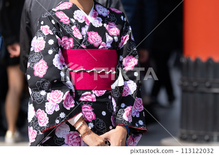 Young girl wearing Japanese kimono standing in front of Sensoji Temple in Tokyo, Japan. Kimono is a Japanese traditional garment. The word "kimono", which actually means a "thing to wear" Young girl wearing Japanese kimono standing in front of Sensoji Temple in Tokyo, Japan. Kimono is a Japanese traditional garment. The word "kimono", which actually means a "thing to wear" 113122032