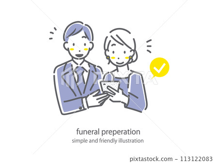一對年輕夫婦研究葬禮、喪服、簡單時尚的線條畫插圖 113122083