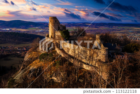 Aerial view of Medieval Castle Chojnik. Lower Silesia, Poland 113122118