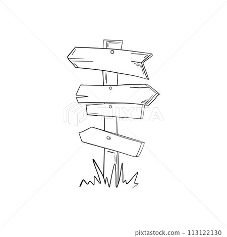 Hand drawn illustration of doodle wood road signs and arrows 113122130