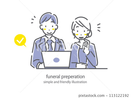 A young couple researching about funerals, mourning clothes, simple and stylish line drawing illustration 113122192