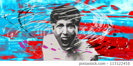 Fury. Frustrated and angry woman screaming. Modern art collage, design. Fury. Frustrated and angry woman screaming. Modern art collage, design. 113122458