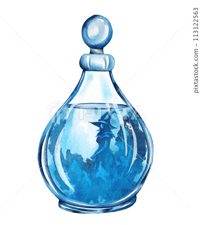 Watercolor potion bottle. Love potion and elixir hand drawn illustration. Halloween 113122563