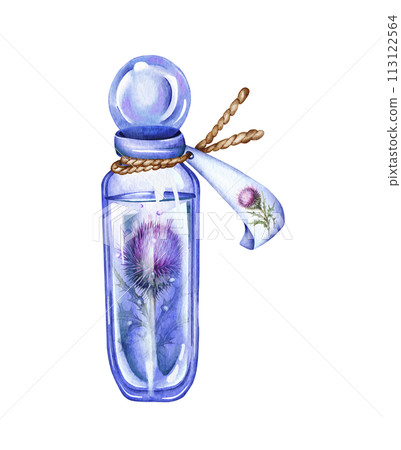 Watercolor potion bottle. Love potion and elixir hand drawn illustration. Halloween 113122564