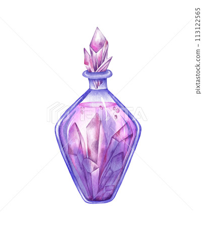 Watercolor potion bottle. Love potion and elixir hand drawn illustration. Halloween 113122565