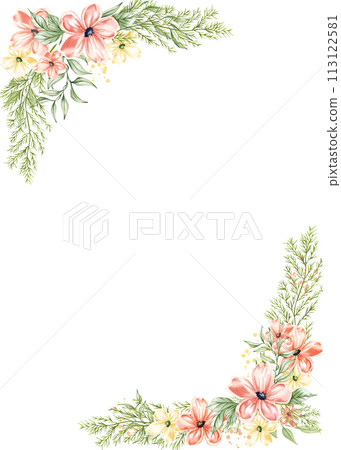 Watercolor floral border. Flower pink rose, green leaves. Wedding concept with flowers. Floral poster, invite. Spring wildflower arrangements 113122581