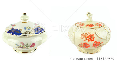 Set of Vintage porcelain candy bowls isolated on white. There is free space for text. Collage. Wide photo. 113122679