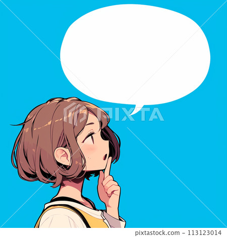 A woman who puts her finger to her mouth and speaks her opinion and a speech bubble 113123014