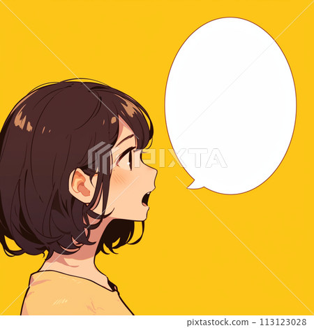 Speech bubble with yellow background and speaking woman Speech bubble with yellow background and speaking woman 113123028