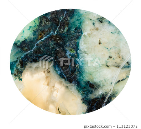 cabochon from flat moss agate gemstone isolated 113123072
