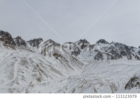 Winter mountain landscape. Peaks, rocks and glaciers. Kazakhstan nature. 113123079