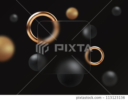 Abstract gold and black sphere, square transparent glass frame with black background. Dark glass morphism with space for text. Vector illustration. Abstract gold and black sphere, square transparent glass frame with black background. Dark glass morphism with space for text. Vector illustration. 113123136