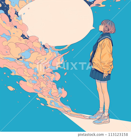 現代藝術風格插圖與女孩、煙霧和語音泡沫 113123158