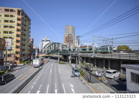 Minowa, Meiji Dori, streetscape near the Joban Line iron bridge, Taito-ku, Tokyo 113123323