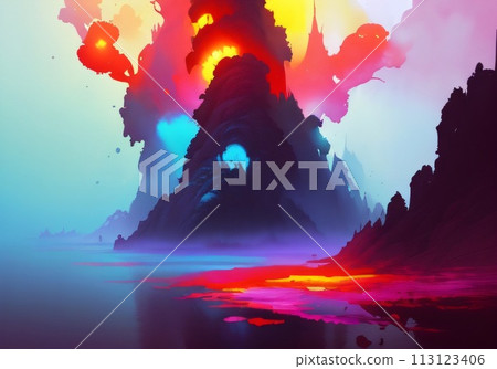 Underground hell landscape. Digital illustration of fantasy environment background in hell. Created with generative AI tools 113123406