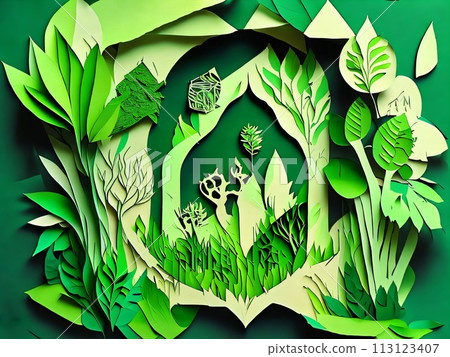 Ecology and environment conservation creative idea concept design. Green eco and nature landscape. World environmental ,saving logo and ecology friendly concept. Created with generative AI tools 113123407
