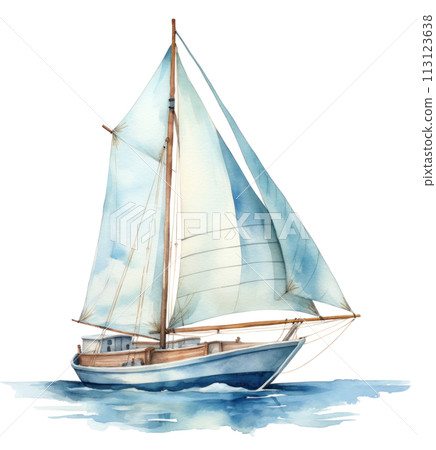 a watercolor sail boat with sail, 113123638