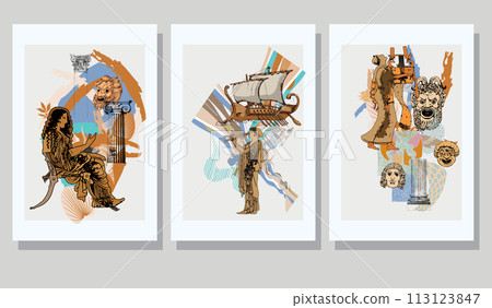 Set of posters. Early Greece motifs. Vector illustration. Suitable for fabric, mural, wallpapers, wrapping paper and the like Set of posters. Early Greece motifs. Vector illustration. Suitable for fabric, mural, wallpapers, wrapping paper and the like 113123847