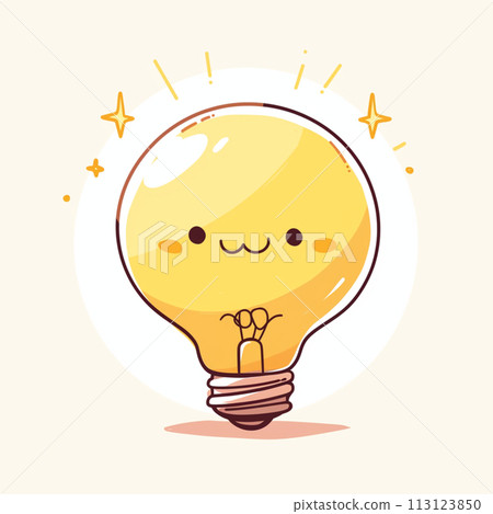 yellow lit light bulb with cute face 113123850