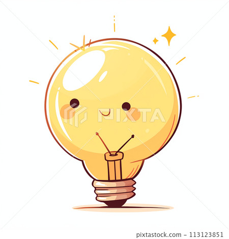 Illustration of a lit light bulb with a cute face Illustration of a lit light bulb with a cute face 113123851