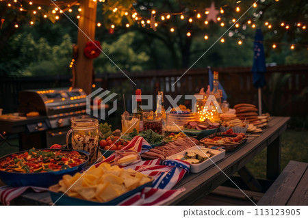 Outdoor dining table set for a patriotic American event. Outdoor dining table set for a patriotic American event. 113123905