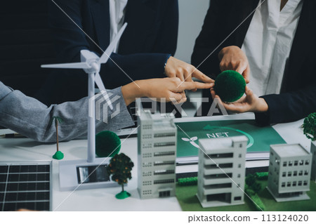 Carbon offset price report CO2 emission. Future growth Net zero waste in ESG ethical SME office protect climate change global warming social issues project. Group of asia people Eco friendly SDGs plan 113124020