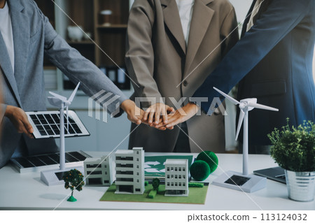 Carbon offset price report CO2 emission. Future growth Net zero waste in ESG ethical SME office protect climate change global warming social issues project. Group of asia people Eco friendly SDGs plan 113124032