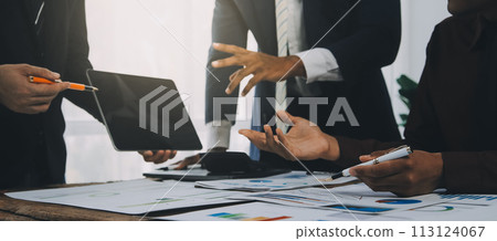 Business team working with new startup project plan and discussion information for financial strategy with laptop and digital tablet in a modern business lounge. 113124067