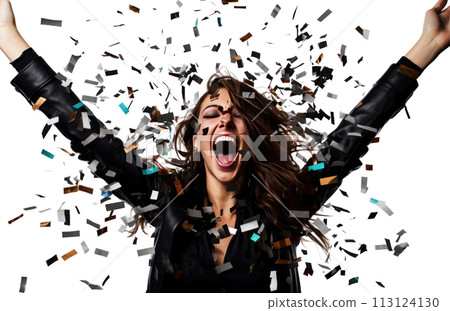 young woman celebrating in party with party confetti on the white background young woman celebrating in party with party confetti on the white background 113124130